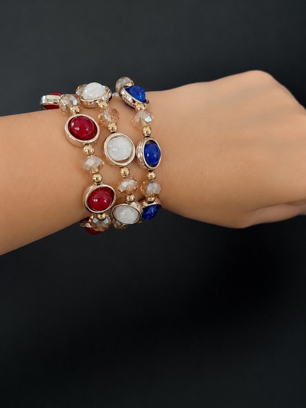 Beaded Stretch Style Bracelet Set in Red, Royal Blue and White